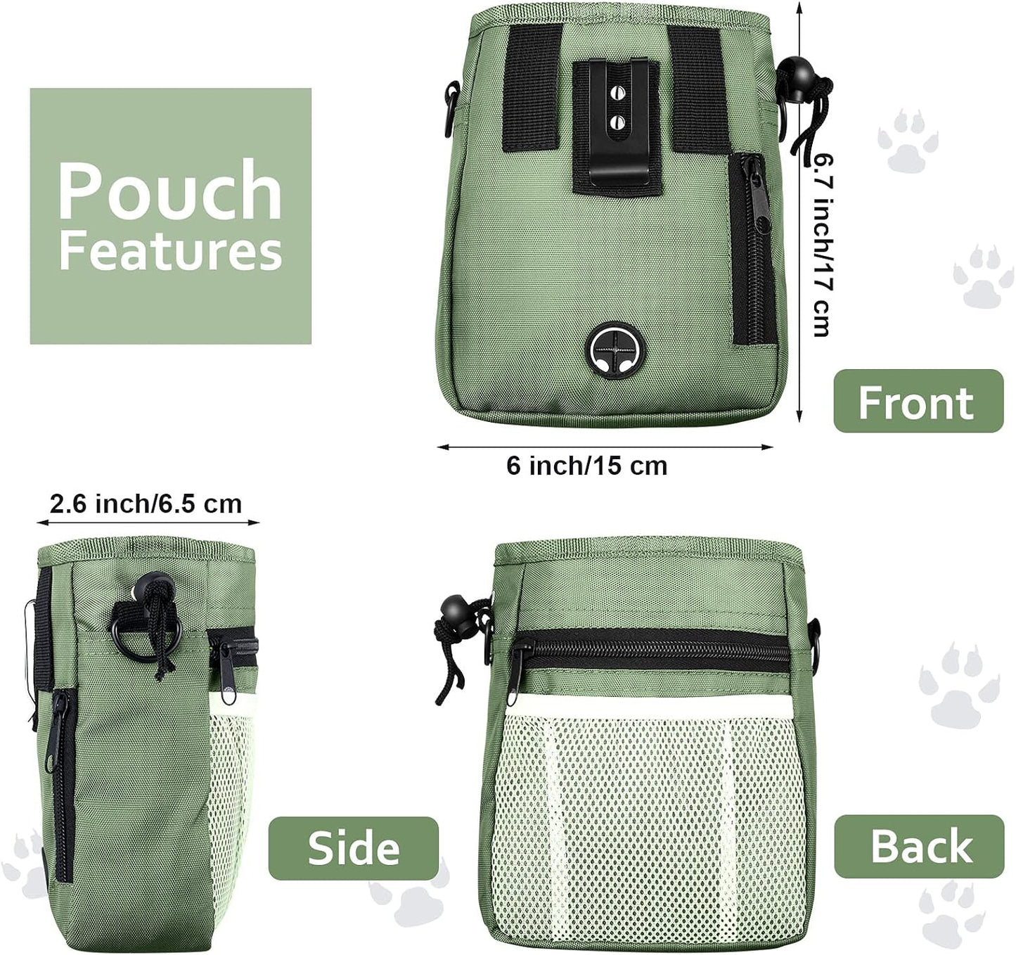 Dog Clicker Training Kit, Dog Treat Training Pouch and 2 Pieces Pet Training Clicker with Wrist Strap, Built in Poop Bag Dispenser Easily Carrying Pet Toys Treats for Dog Cat Pet (Army Green)