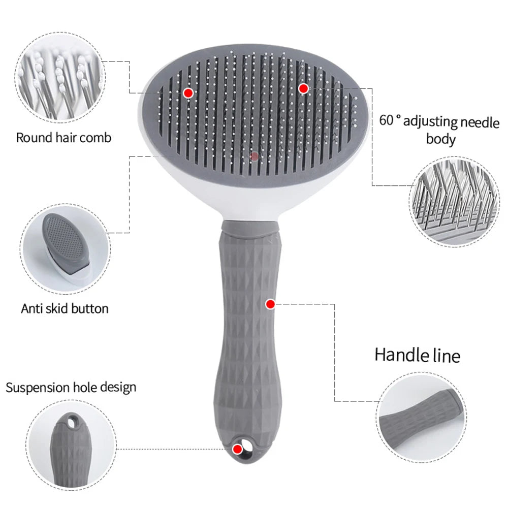 Ultimate Dog & Cat Hair Removal Comb - Stainless Steel Grooming Brush with Non-Slip Grip, Automatic Self-Cleaning Design