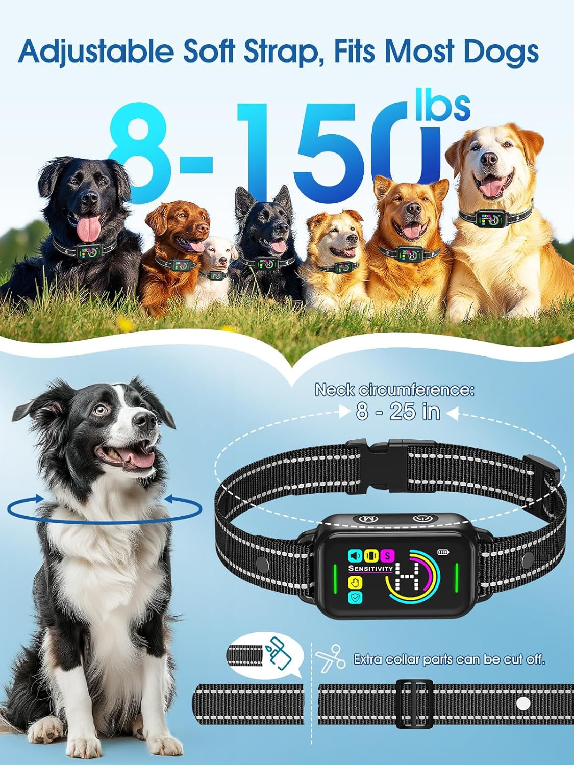 Bark Collar, Dog Bark Collar for Large Medium Small Dogs,Smart Bark Collar,Rechargeable anti Barking Training Collar with 8 Adjustable Sensitivity,Bark Shock Collar with Beep