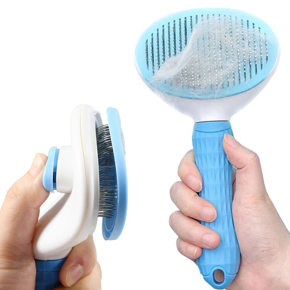 Ultimate Dog & Cat Hair Removal Comb - Stainless Steel Grooming Brush with Non-Slip Grip, Automatic Self-Cleaning Design
