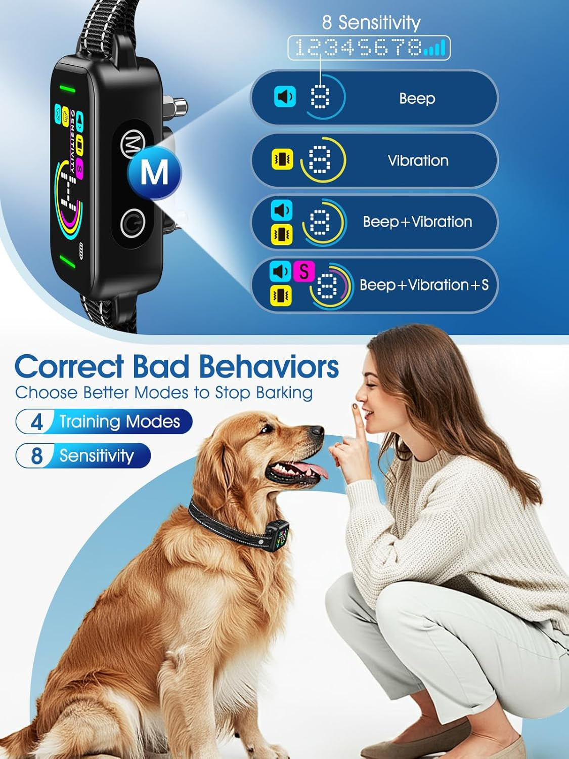 Bark Collar, Dog Bark Collar for Large Medium Small Dogs,Smart Bark Collar,Rechargeable anti Barking Training Collar with 8 Adjustable Sensitivity,Bark Shock Collar with Beep