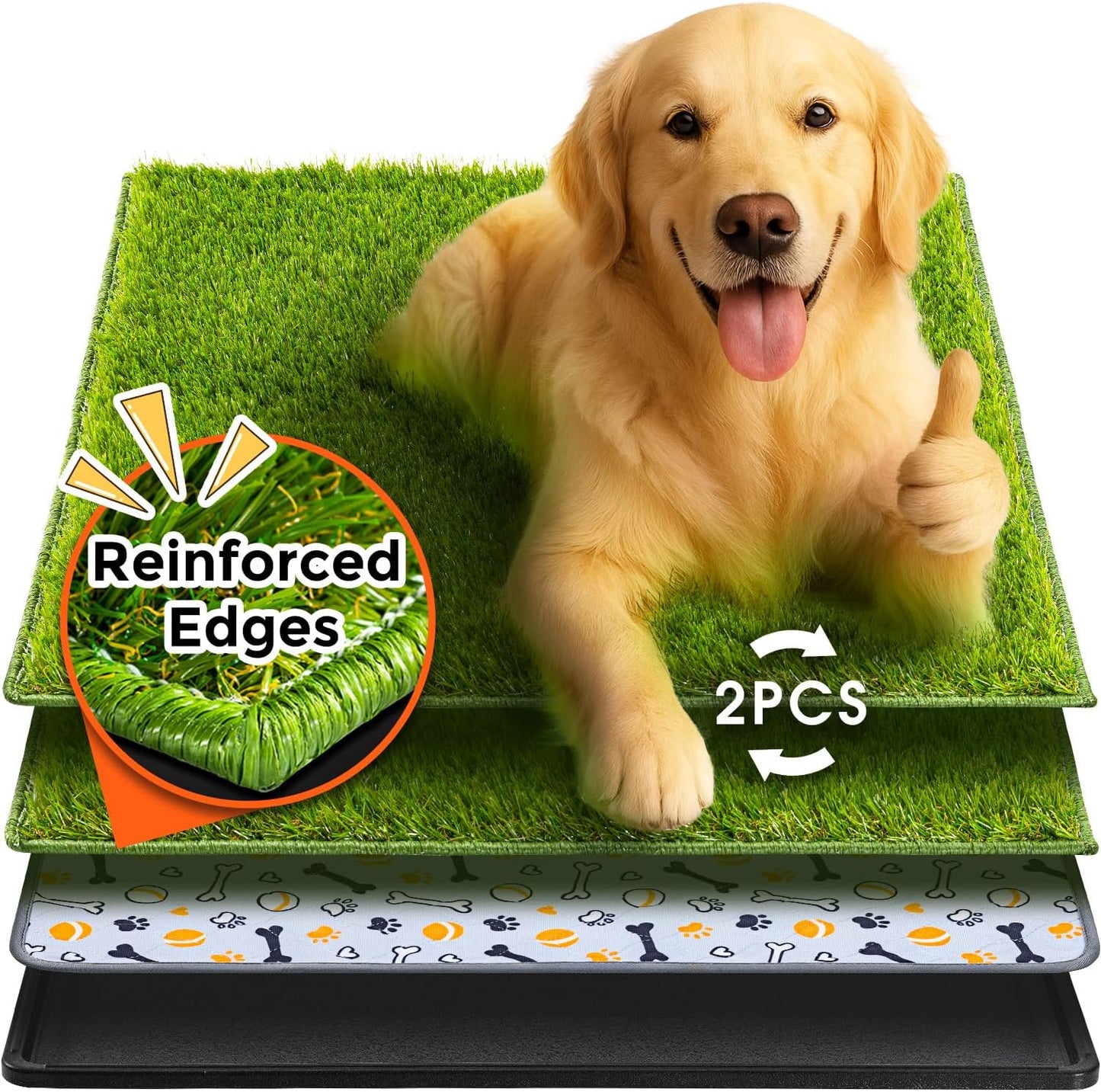 Dog Grass Pad with Tray Large, 35"X22.5", 2 Reusable Artificial Turf for Dogs Potty, Waterproof Non-Slip Washable Pee Pads, Quickly Absorbency Portable Dog Litter Box for Indoor/Outdoor Use