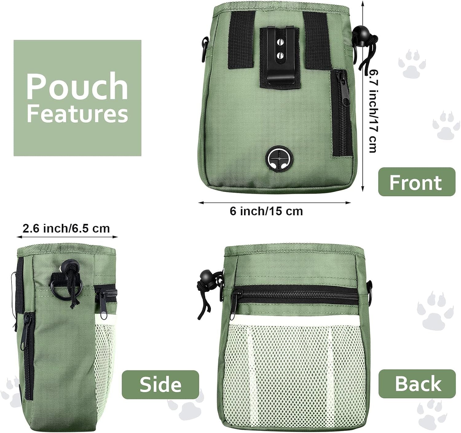 Dog Clicker Training Kit, Dog Treat Training Pouch and 2 Pieces Pet Training Clicker with Wrist Strap, Built in Poop Bag Dispenser Easily Carrying Pet Toys Treats for Dog Cat Pet (Army Green)