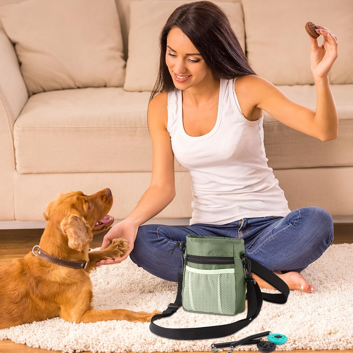 Dog Clicker Training Kit, Dog Treat Training Pouch and 2 Pieces Pet Training Clicker with Wrist Strap, Built in Poop Bag Dispenser Easily Carrying Pet Toys Treats for Dog Cat Pet (Army Green)